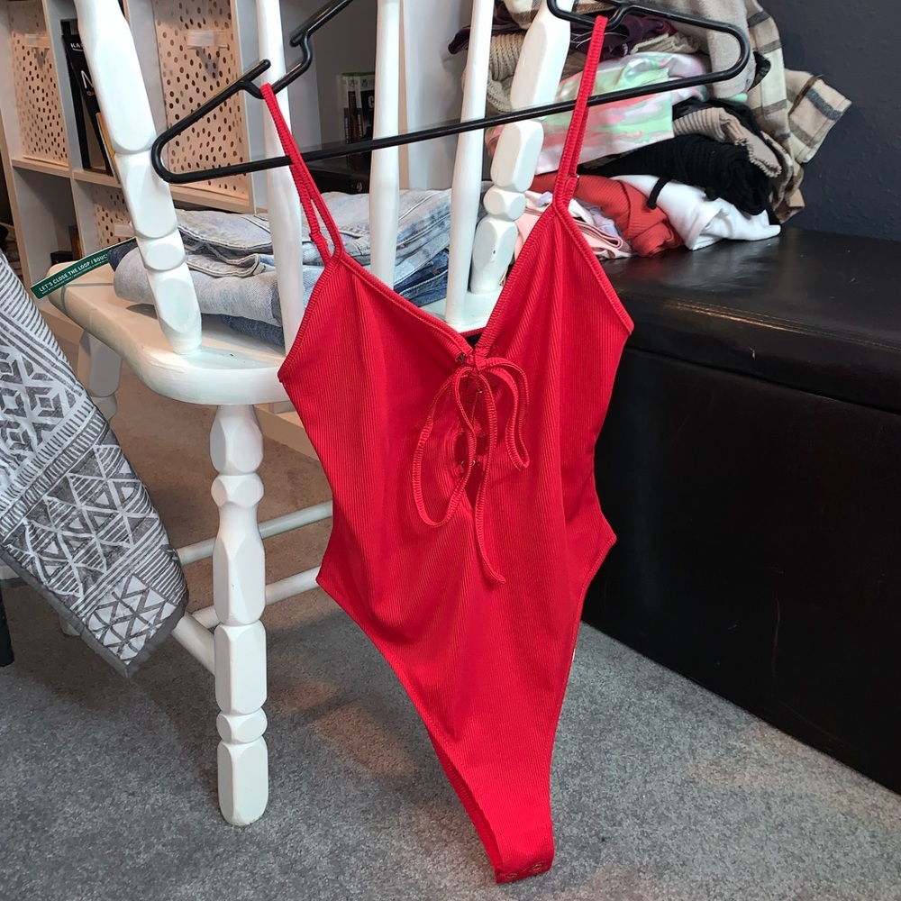 Red lace up forever 21 bodysuit